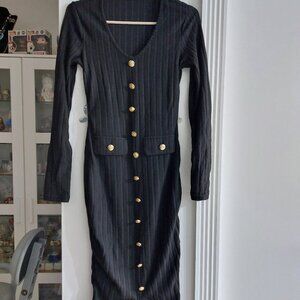 One Piece Long Sleeve Black Dress With Gold Buttons Elements Flattering Warm